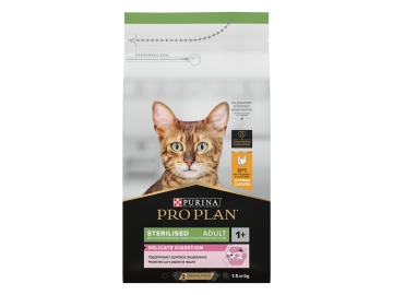 Корм Purina Pro Plan, для стерилизованных взрослых кошек с чувствительным пищеварением, со вкусом курицы, Sterilised Adult Delicate Digestion, 1,5 кг