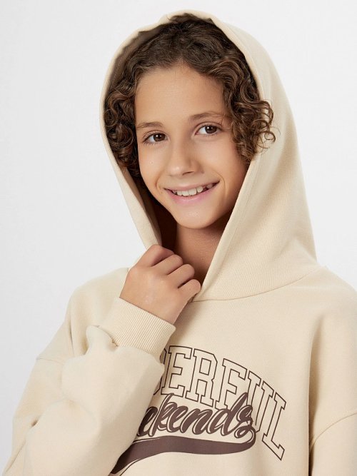 Худи для мальчиков бежевое с надписью "Wonderful weekends", фото 5 из 9