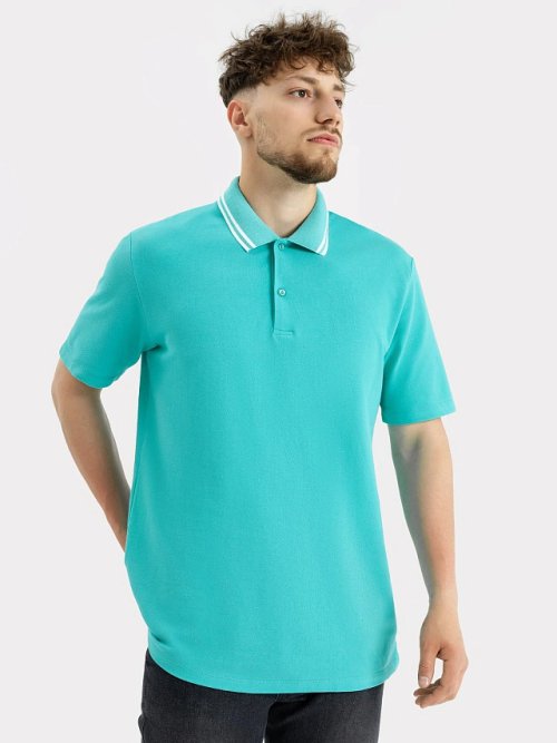 Джемпер-поло хлопковый в зеленом оттенке с линиями на воротнике, фото 1 из 4