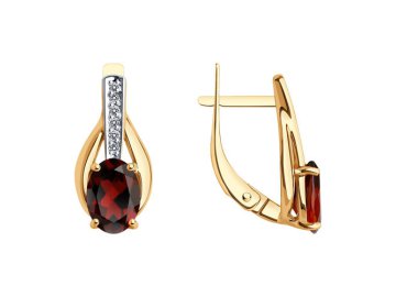 Серьги с английским замком Diamant, красное золото 585 проба, вставка фианит/гранат