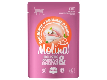 Пауч Molina для взр кошек, цыпленок и кальмар в желе, 70 г