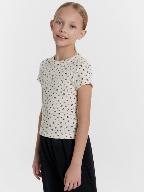 Футболка для девочек кремовая с принтом, фото 1 из 5