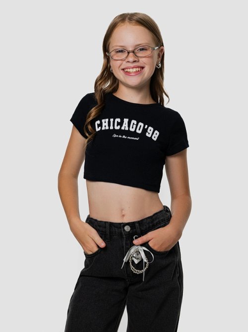 Топ для девочек черный с надписью "Chicago", фото 5 из 20