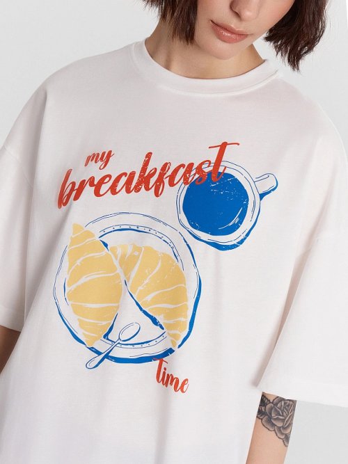 Футболка женская белая с принтом "my breakfast time", фото 4 из 7