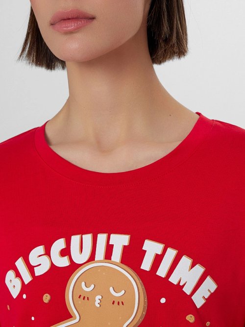 Пижама женская красная с принтом "пряничные человечки" и надписью "biscuit time", фото 6 из 18