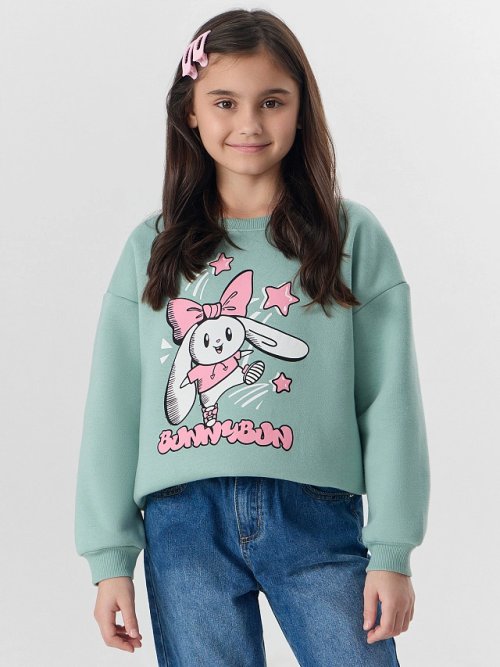 Свитшот для девочек зеленый с надписью "Bunnybun", фото 7 из 28