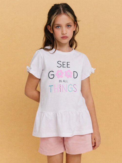 Блузка для девочек белая с принтом и надписью "see good in all things", фото 1 из 36