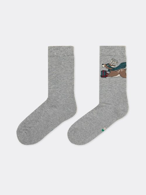 Высокие мужские носки с махровой стопой в оттенке "серый меланж" и новогодней надписью, фото 3 из 4