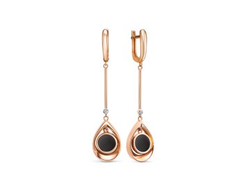 Серьги длинные Berger, красное золото 585 проба, вставка фианит/оникс