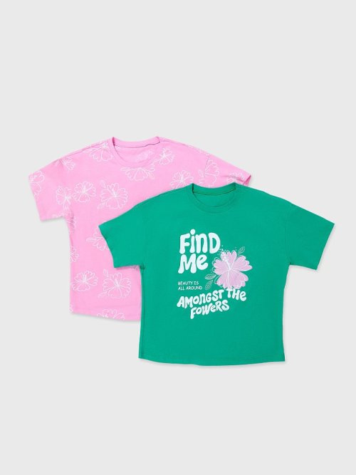 Футболка для девочек мультипак (2 шт.) в зеленом и розовом цвете с цветами, фото 5 из 7