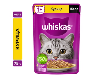 Пауч Whiskas для взрослых кошек, желе с курицей, 75 г Зообазар