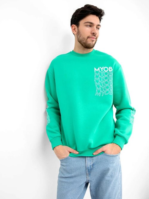 Теплый прямой джемпер бирюзового цвета с текстовым принтом, фото 2 из 4