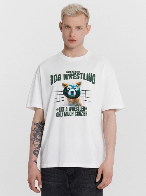 Футболка мужская белая с принтом "Dog wrestling", фото 1 из 10