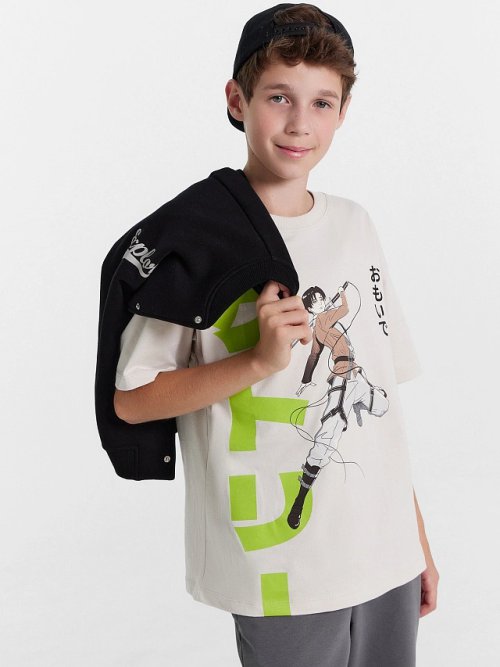 Футболка для мальчиков в сером оттенке с аниме, фото 1 из 5