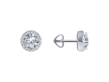 Серьги пусеты Diamant, белое золото 585 проба, вставка фианит