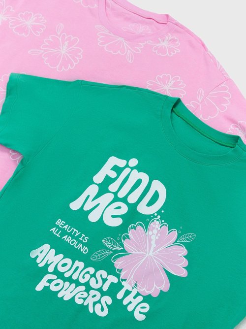 Футболка для девочек мультипак (2 шт.) в зеленом и розовом цвете с цветами, фото 7 из 7