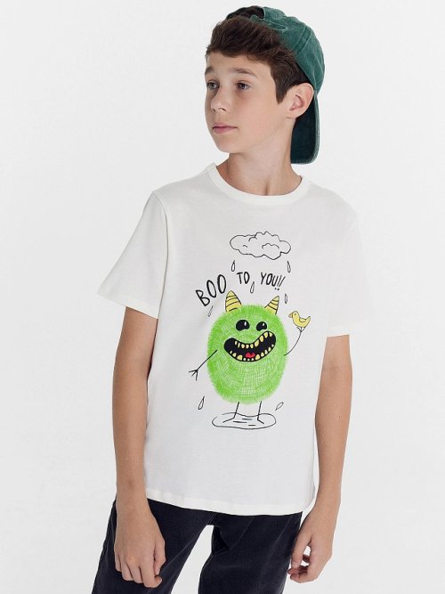 Футболка для мальчиков светло-молочная с печатью, фото 1 из 5