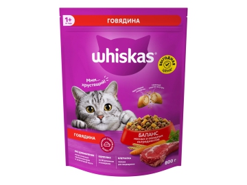 Корм WHISKAS для взрослых кошек «Вкусные подушечки с нежным паштетом. Аппетитный обед с говядиной», 800 г.