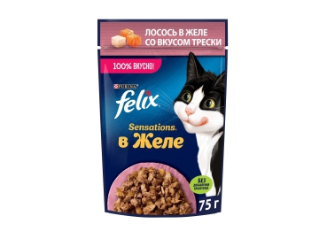 Пауч Felix для взрослых кошек, с лососем в желе со вкусом трески, Sensations, 75 г Зообазар
