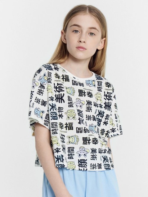 Футболка для девочек белая с принтом "иероглифы", фото 7 из 8