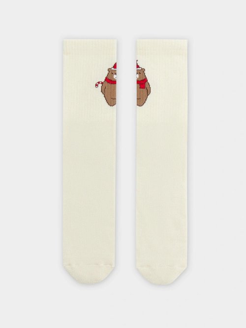 Носки женские кремовые с узором в виде новогоднего мишки, фото 7 из 24