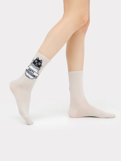 Носки женские серые рисунком в виде котика и надписи "Антидепресант", фото 1 из 4