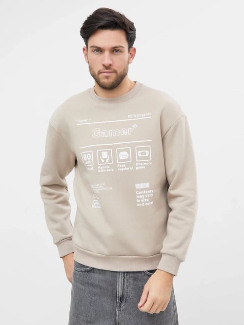 Теплый джемпер в расцветке "капучино" и принтом белого цвета, фото 2 из 3