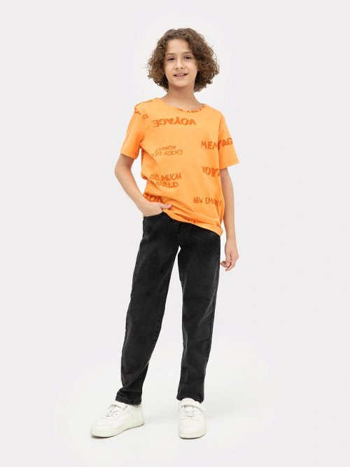 Футболка для мальчиков оранжевая с принтом "текст", фото 2 из 5