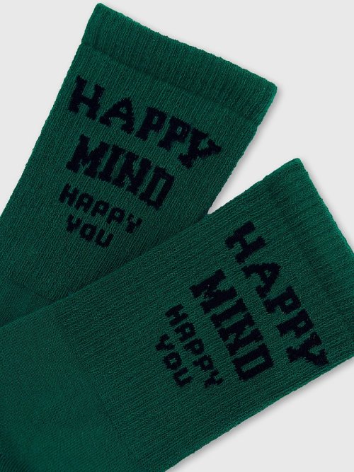 Носки женские малахитово-зеленые с рисунком в виде надписи "Happy mind - happy you", фото 2 из 8