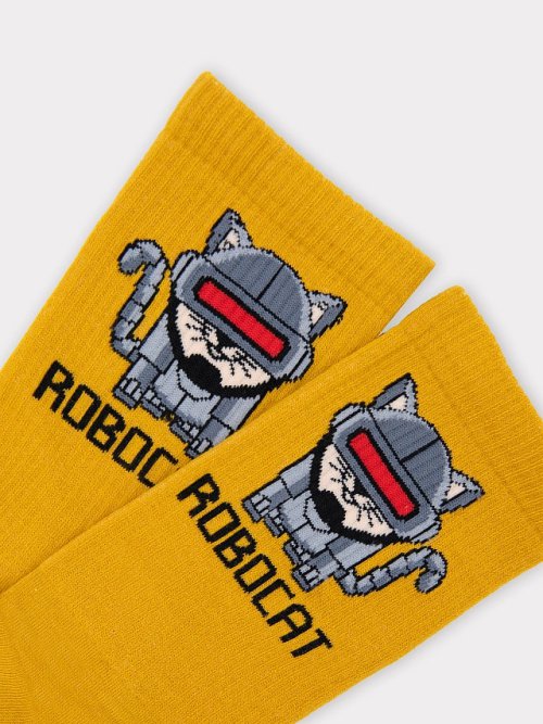 Носки мужские в желтом цвете и рисунком в виде надписи "ROBOCAT", фото 4 из 16