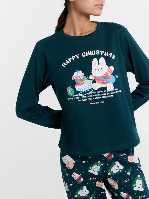 Пижама женская зеленая с принтом и надписью "Happy Christmas", фото 8 из 18