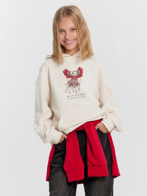Худи для девочек бело-бежевое с Жар-Птицей, фото 2 из 9