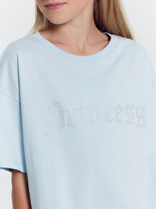 Футболка для девочек голубая с аппликацией из страз, фото 5 из 5