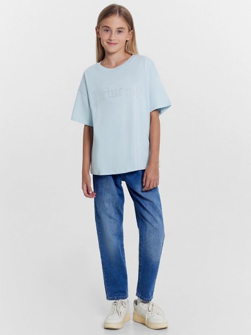 Футболка для девочек голубая с аппликацией из страз, фото 3 из 5