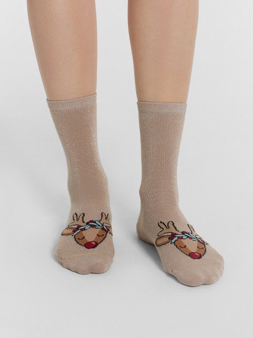 Носки женские высокие с люрексом и узором в виде оленей, фото 1 из 6