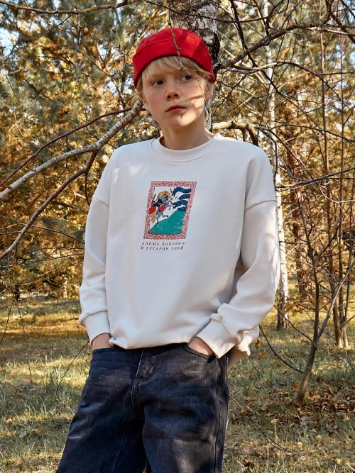 Свитшот для мальчиков бело-бежевый с печатью, фото 1 из 7