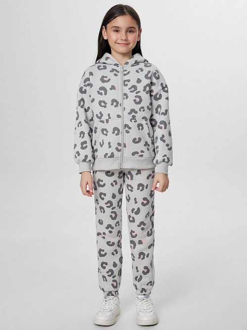Теплые брюки для девочек серые с леопардовым принтом, фото 4 из 5