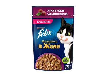 Пауч Felix для взрослых кошек, с уткой в желе со шпинатом, Sensation, 75 г Зообазар
