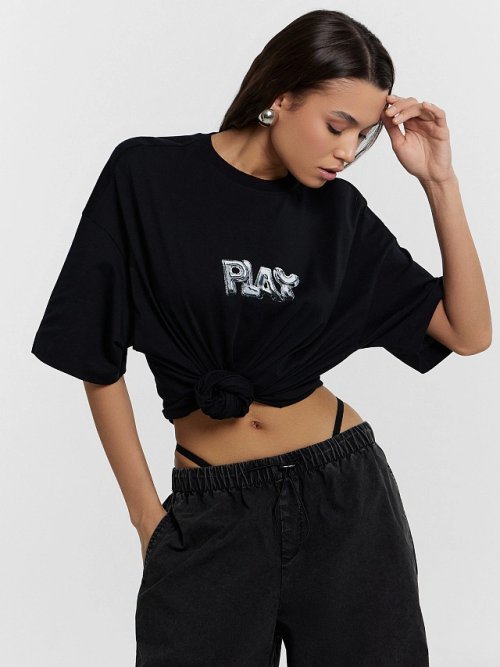 Футболка женская оверсайз черная с принтом "Play", фото 5 из 5