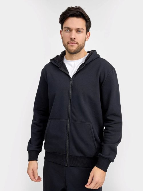 Теплая толстовка на молнии с меховым капюшоном в черном цвете, фото 2 из 5