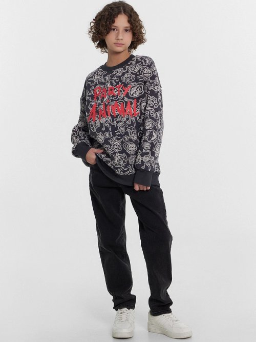 Свитшот для мальчиков серый с принтом и надписью "Party animal", фото 3 из 5