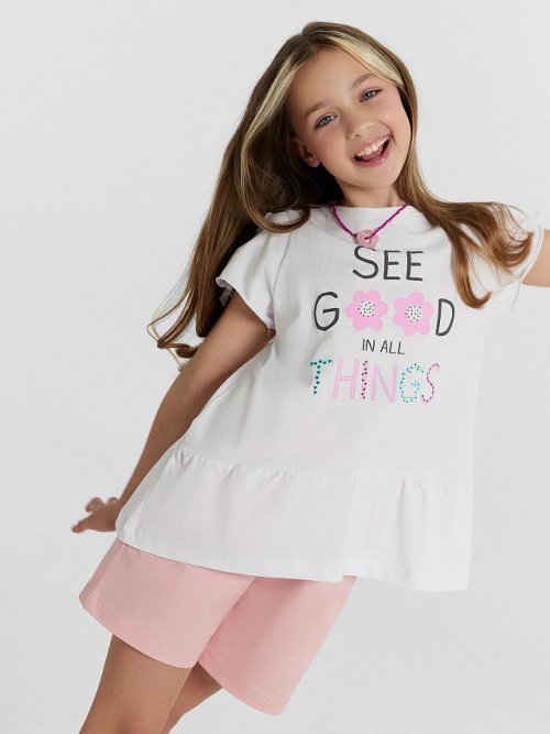 Блузка для девочек белая с принтом и надписью "see good in all things", фото 2 из 36