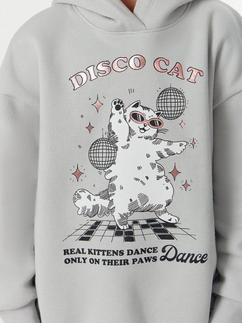 Худи для девочек серое с надписью "Disco cat", фото 4 из 32