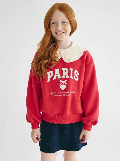 Джемпер для девочек красный с принтом и надписью "Paris", фото 1 из 10